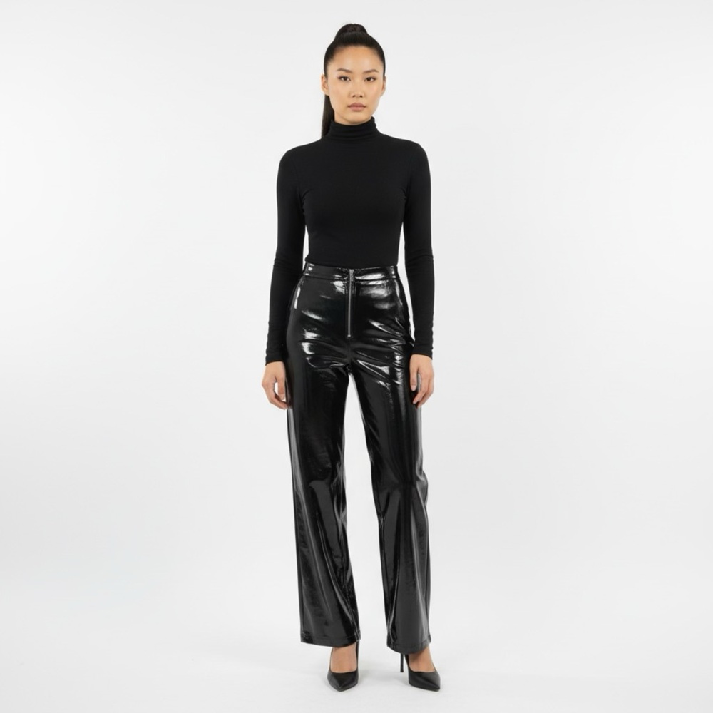 Princess Polly Black Leather Trousers Glossy High Waisted Pants Zip Up Closure